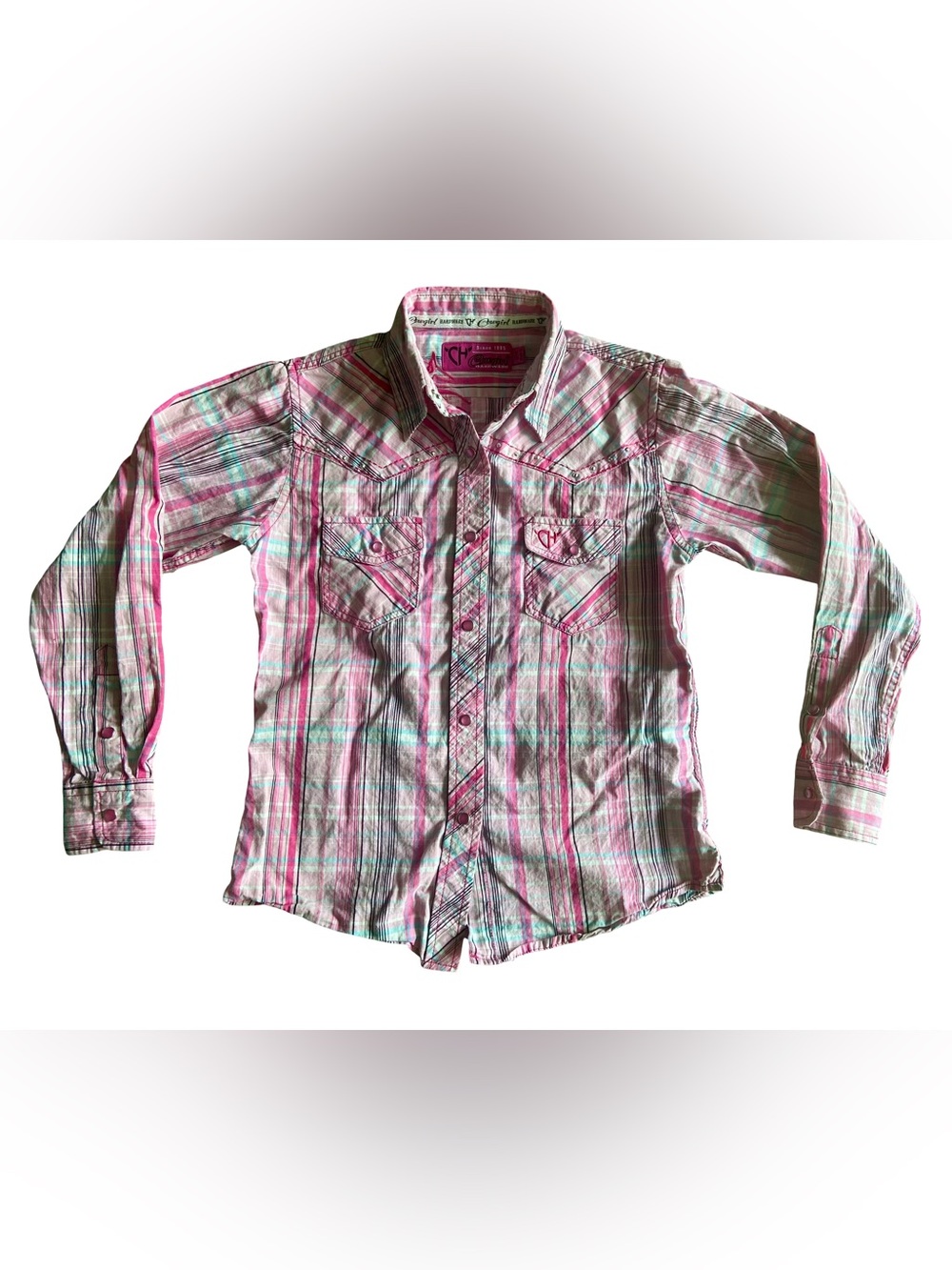 Cowgirl Hardware Girls Pink Plaid Western Snap Shirt Rhinestone Horse M 7/8